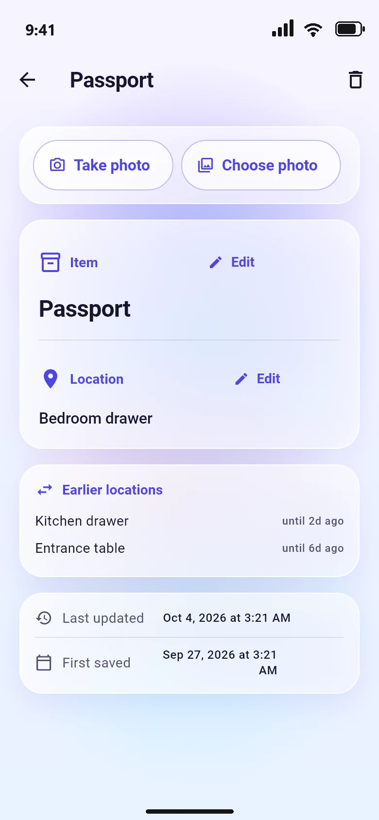 The passport page showing its current place, the bedroom drawer, and the earlier places it was kept.