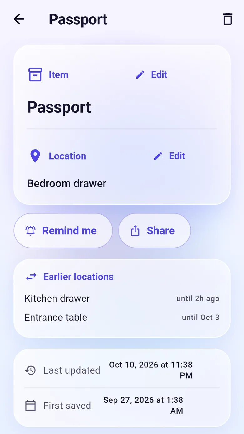 The passport page in KnowWhere: its place, the bedroom drawer, the earlier places it was kept, and buttons to remind, share and edit.