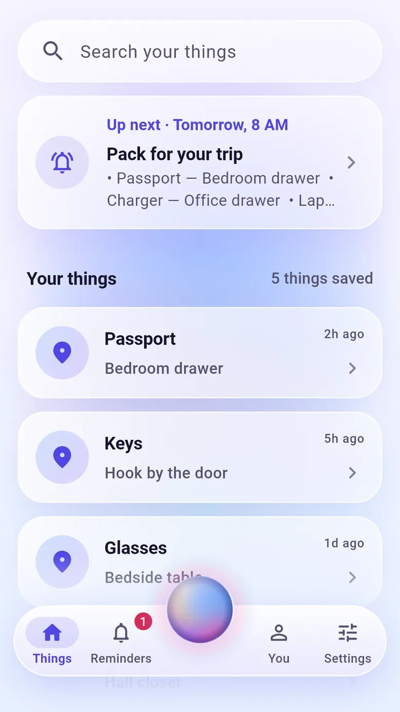 The KnowWhere home screen: an Up next card for tomorrow at 8 AM, and saved things such as passport, keys and glasses.
