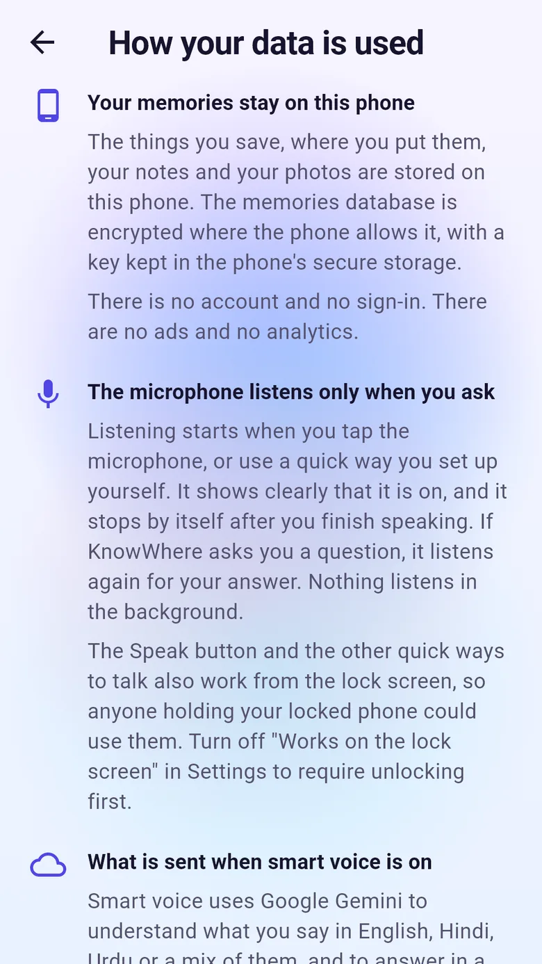 The How your data is used page inside KnowWhere: your memories stay on this phone, and the microphone listens only when you ask.