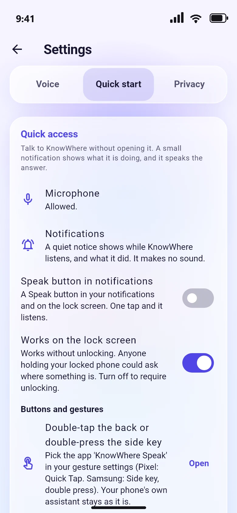 The Quick start page in KnowWhere settings, with the microphone, notifications and Speak button options.